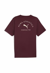 Bordeauxfarbener Baumwoll-T-Shirt mit weißem "PUMA ATHLETICS"-Text und Logo auf dem Rücken, runder Ausschnitt und kurzen Ärmeln.