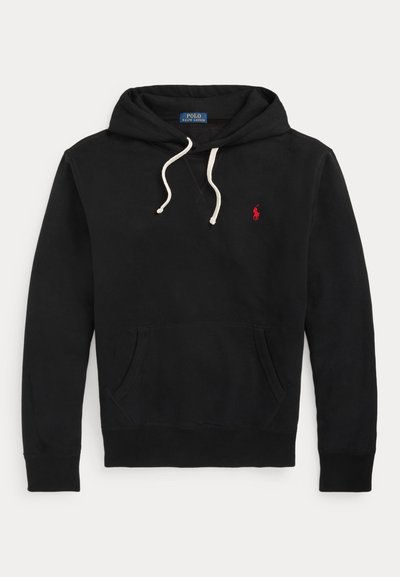 Black hoodie with a front pocket, drawstring hood, and red embroidered logo on the chest. Made of soft fabric with ribbed cuffs and hem.