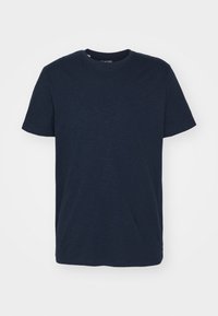 Marinblå T-shirt gjord av mjukt, strukturerat tyg. Klassisk rundhals, korta ärmar och en avslappnad passform. Diskret melerad mönster.