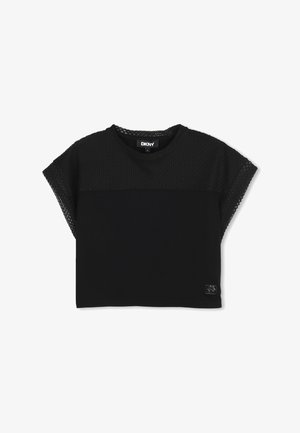 Haut court à manches courtes noir DKNY avec superposition en mesh sur les épaules et les manches, col rond et patch logo sur l'ourlet inférieur.