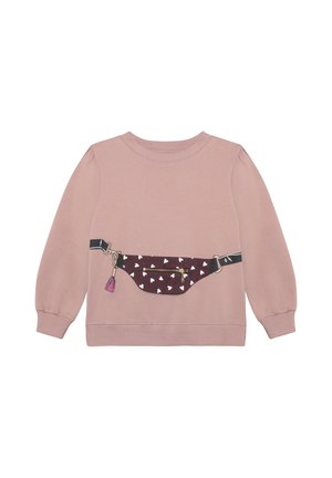 Roze sweatshirt met lange mouwen met een bedrukte afbeelding van een bordeauxrode heuptas met hartjespatroon en een zwarte riem vooraan.