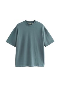 Tricou cu mânecă scurtă și guler rotund, de culoare teal estompat. Fabricat dintr-un material moale și neted, cu o croială lejeră și un design minimalist.