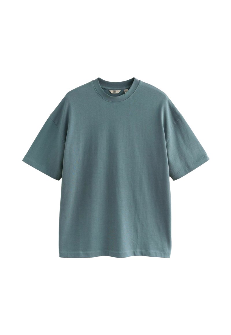 Tricou cu mânecă scurtă și guler rotund, de culoare teal estompat. Fabricat dintr-un material moale și neted, cu o croială lejeră și un design minimalist.