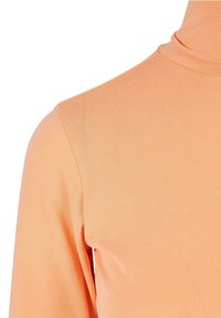 Maglione a collo alto color pesca realizzato in tessuto morbido, con un design aderente e una texture liscia. Nessun motivo o decorazione visibile.