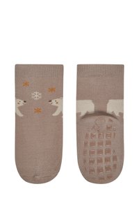 Beige cotton socks featuring white polar bear designs, orange snowflakes, and textured grips on the soles. Smooth knit finish.