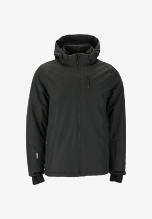 Svart vattenavvisande jacka med huva, dragkedja fram och bröstficka. Har sidofickor och justerbara ärmslut. Glatt textur.