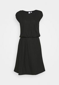 Schwarzes kurzärmeliges Kleid mit entspannter Passform und gerafftem Bund. Weicher Stoff mit glatter Textur. Einfaches, klassisches Design.