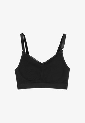 Fekete melltartó puha pamutból, állítható selyem pántokkal, csipkés, hullámos szegéllyel a nyakvonal mentén, és drót nélkül a kényelem érdekében.