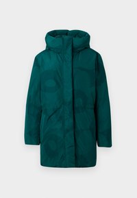 Tirkīza krāsas kapucīnā parka jaka ar smalku ziedu rakstu, garām piedurknēm, ar rāvējslēdzēju priekšā un elastīgu jostu stingrai piegulšanai.