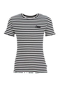 Camiseta de manga corta a rayas en blanco y negro con escote redondo y puños con volantes; presenta texto bordado en el pecho.
