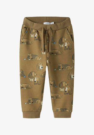 Pantalones de chándal marrones con un divertido estampado de perro sabueso, con cintura y puños elásticos, fabricados en suave material de algodón para mayor comodidad.