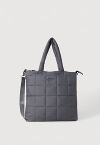 Borsa a tracolla trapuntata grigio scuro con manici imbottiti e tracolla regolabile, caratterizzata da un piccolo logo stampato al centro nella parte anteriore.
