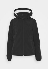 Svart huva jacka med en slät yta, dragkedjestängning, elastiska ärmslut och sidofickor. Interiören har en mjuk foder i kontrast.