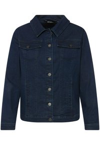 Giubbotto in denim blu scuro con chiusura a bottoni, due tasche sul petto e colletto classico. Presenta bottoni in tonalità argentata e un design strutturato.