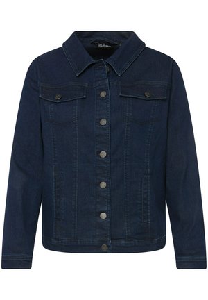 Donkerblauwe denimjack met een knoopsluiting aan de voorkant, twee borstzakken en een klassieke kraag. Heeft zilverkleurige knopen en een gestructureerd ontwerp.