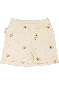 Krämfärgade bomullsshorts med elastisk midja, prydda med en lekfull tryck av djuransikten och små gula stjärnor. Fåll med uppvik.