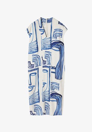Šaty s krátkym rukávom z krémovej látky s modrým abstraktným vzorom, ktorý obsahuje obrysy tvárí a vlnité línie, s výstrihom do V a so zipsom na chrbte.