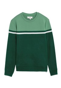 Sudadera verde con cuello redondo, con una franja verde más clara en el pecho y una franja blanca debajo. Textura suave, mangas largas.