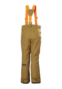 Pantalones de esquí con tirantes naranjas ajustables, tejido marrón, piernas ajustadas, puños de fondo reforzados y detalle de logo en la pierna izquierda.