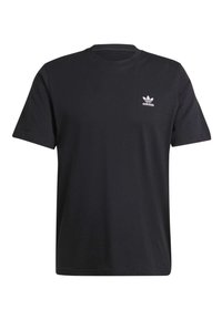 Juodas medvilnės marškinėliai trumpomis rankovėmis, apvaliu iškirpimu ir baltu Adidas logotipu kairėje krūtinės pusėje. Lygus audinys, standartinė išvaizda.