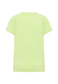 T-shirt a maniche corte di un luminoso verde lime; tessuto morbido e liscio; scollo a girocollo; orlo dritto; design minimalista, senza marchi o motivi visibili.