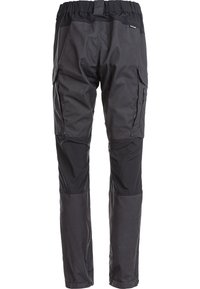 Svarta byxor med flexibel midja, förstärkta knän, flera fickor och en blandning av texturerade tyger för hållbarhet och komfort.