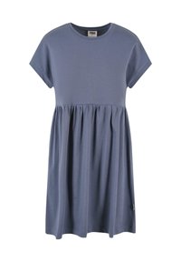 Robe en coton bleue avec un col rond, des manches courtes, et une taille froncée. La jupe s'évasant sous la taille, texture lisse.