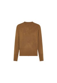 Maglione in maglia marrone con colletto tondo, maniche lunghe, polsini e orlo a costine, con una finitura testurizzata.