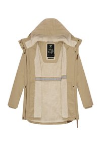Bežová vonkajšia bunda s plyšovým bielym fleece vnútrom. Obsahuje kapucňu, zips a cvoky. Zahrňuje aj značkovú nálepku vo vnútri.