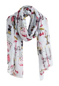 Lichtgewicht, witte sjaal met kleurrijke illustraties van desserts, kaarsen en kersen. Zachte textuur en gezoomde randen.