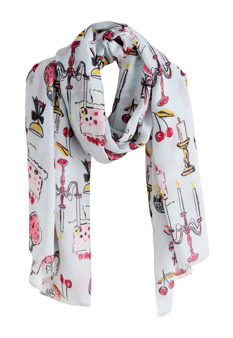 Lichtgewicht, witte sjaal met kleurrijke illustraties van desserts, kaarsen en kersen. Zachte textuur en gezoomde randen.