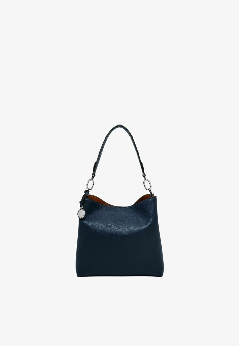 Navylederhandtasche mit einer strukturierten Silhouette, einem einzelnen Griff und silberfarbener Hardware. Verfügt über eine glatte Textur und eine braune Innenauskleidung.