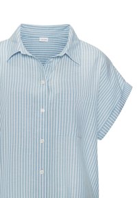 Light blue short-sleeve shirt with white vertical stripes, button closure, collar, and a left chest pocket. Made from a breathable fabric.