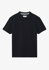 Black polo shirt made from textured fabric, featuring a classic collar, three-button placket, and contrasting striped inner collar trim.