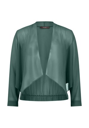 Grüner, transparenter Cardigan mit langen Ärmeln, offenem Vorderteil und einem gerafften, elastischen Taillenbund. Verfügt über ein minimalistisches Design und eine weiche Textur.