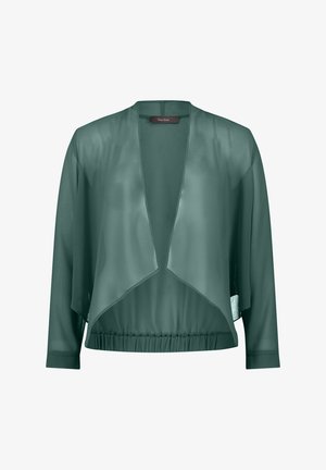 Zielony, prześwitujący kardigan z długimi rękawami, otwartym przodem i marszczoną, elastyczną talią. Charakteryzuje się minimalistycznym wzornictwem i miękką teksturą.