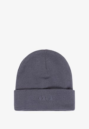 Gorro de lana en material de punto gris oscuro. Presenta un dobladillo con el logotipo de la marca en relieve. Textura suave con una forma cilíndrica ajustada.