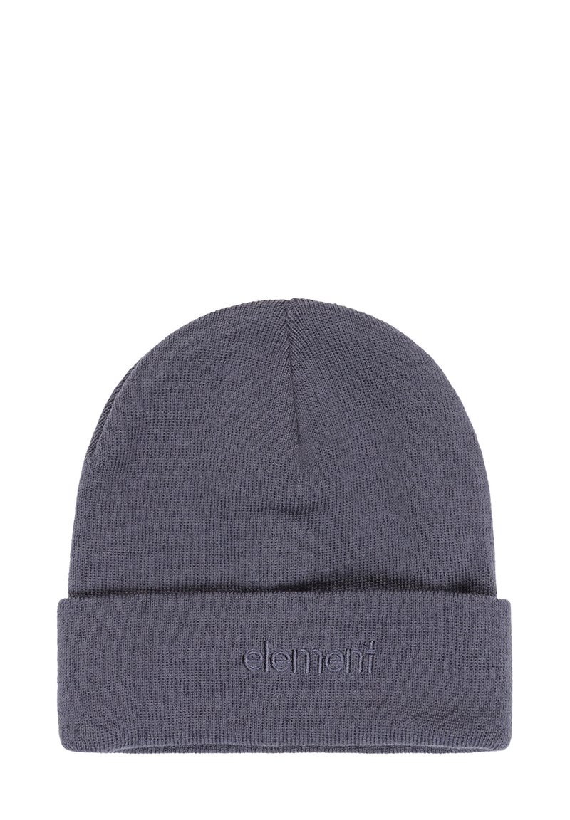 Beanie in donkergrijze gebreide stof. Voorzien van een omgeslagen rand met het reliëf logo van het merk. Gladde textuur met een strakke, cilindervormige pasvorm.