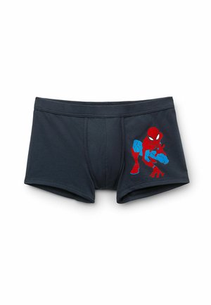 Dunkelblaue Baumwoll-Boxershorts mit einem rot-blauen Spider-Man-Graphic auf der linken Seite. Weicher Stoff mit passformgerechtem Design.