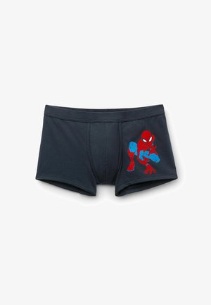 Mørkeblå bomuldsboxershorts med et rødt og blåt Spider-Man grafik på venstre side. Blød tekstur med en tætsiddende design.