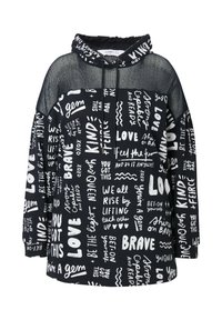 Sudadera con capucha negra y texto motivacional en blanco en varias tipografías. Cuenta con paneles de malla y un corte holgado. Cuerda ajustable en la capucha.