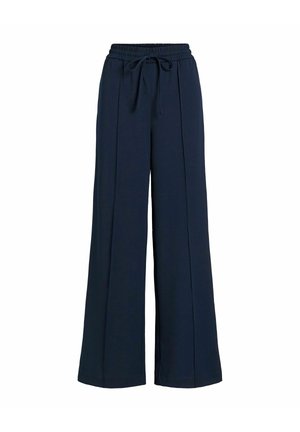 Tumši zili plati bikses ar elastīgu vidukļa jostu un aukliņu. Izgatavotas no mīksta auduma, ar priekšējām krokām ērtai piegrieznei.