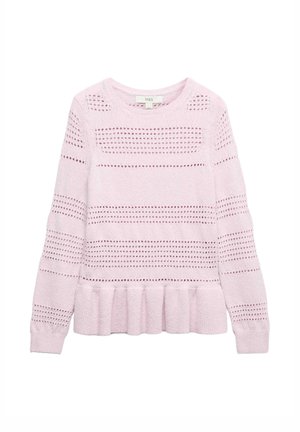 Lichtroze gebreide trui met horizontale gehaakte strepen en een geruffelde zoom, voorzien van lange mouwen en een ronde halslijn.