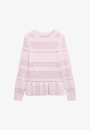 Lyserød strikket sweater med horisontale åbne striber og en flæsekant, med lange ærmer og rund halsudskæring.