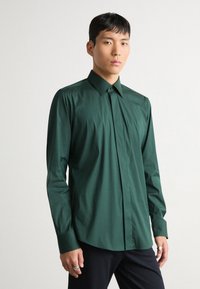 Camisa verde de botones, hecha de un tejido suave, con cuello clásico, mangas largas y una silueta ajustada. Brillo sutil, sin patrones.