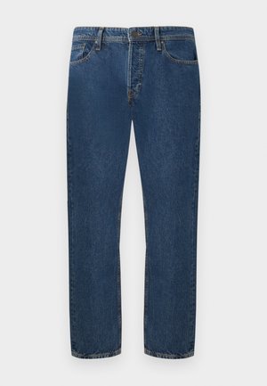 Klassiske lige ben blå denim jeans med forlommer, bæltestropper, knaplukning og synlige sømdetaljer.