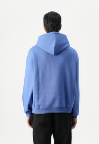 Blue hooded sweatshirt with a relaxed fit, ribbed cuffs, and a soft texture. Seamless design with no visible logos or embellishments.