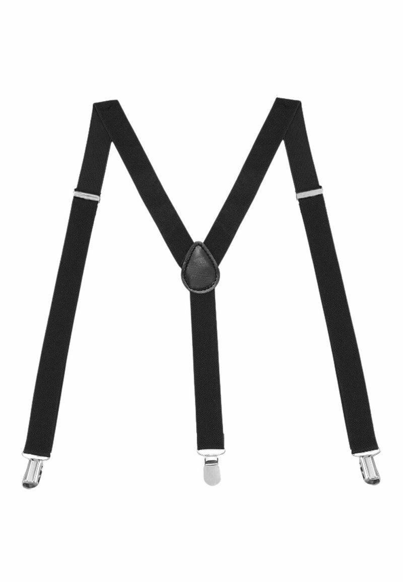 Suspenders in tessuto nero con clip metalliche argentate a entrambe le estremità, un supporto centrale in pelle e un design a Y per il supporto.