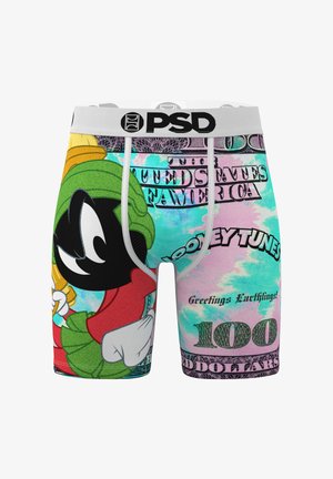 Herren-Boxershorts mit einem bunten Cartoon-Motiv einer Figur auf einem hellblauen und rosa geldthemenbezogenen Hintergrund. Elastischer Bund.