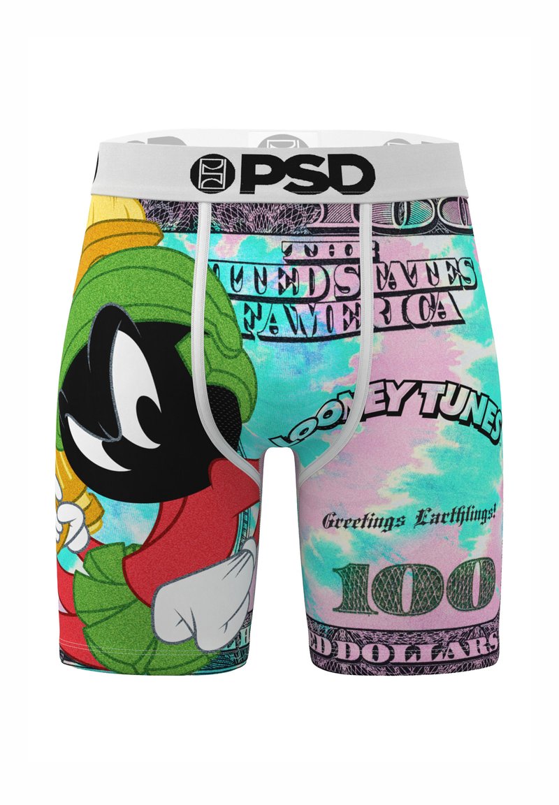 Herenboxershorts met een kleurrijke cartoonafbeelding van een personage op een lichtblauwe en roze achtergrond met een geldthema. Elastische tailleband.